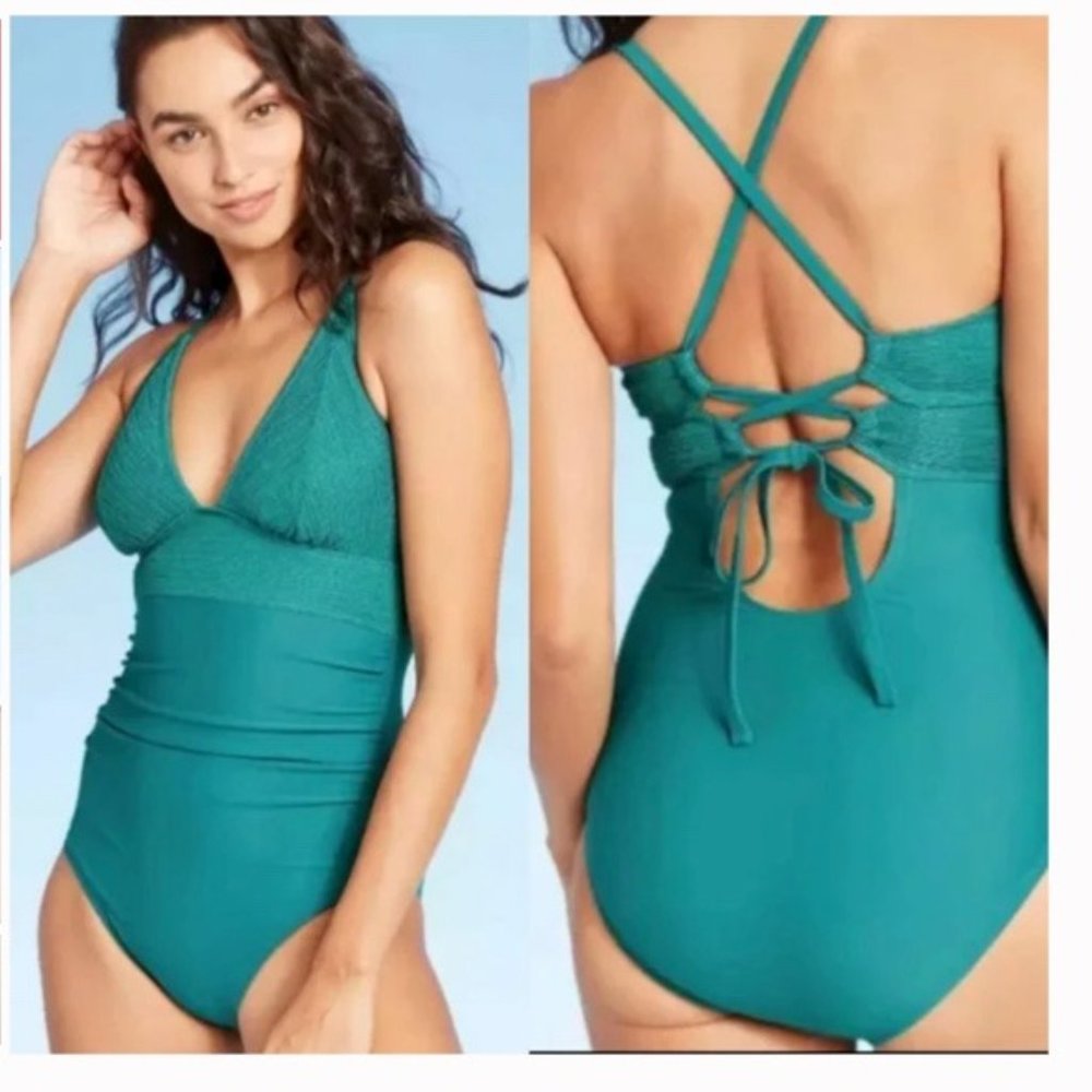 Kona Sol One Piece Tie Back Teal swimsuit, M